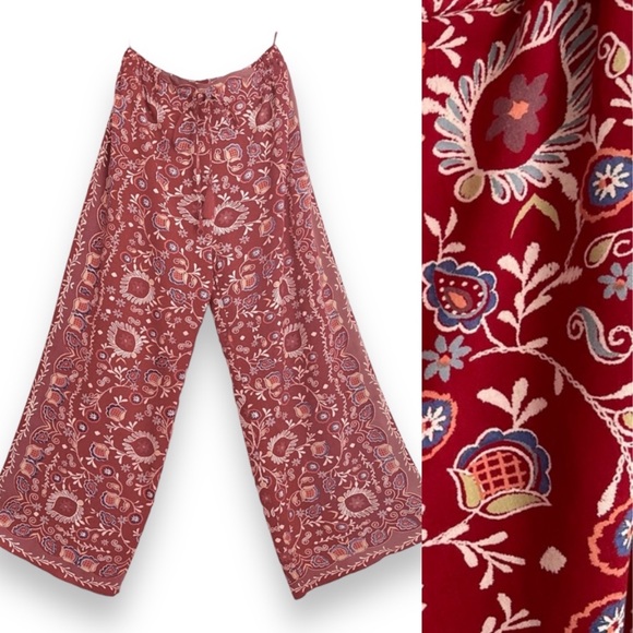 Angie Pants - Angie Wide Leg Boho Red Floral Print Pull On Pants with Drawstring Women Size L